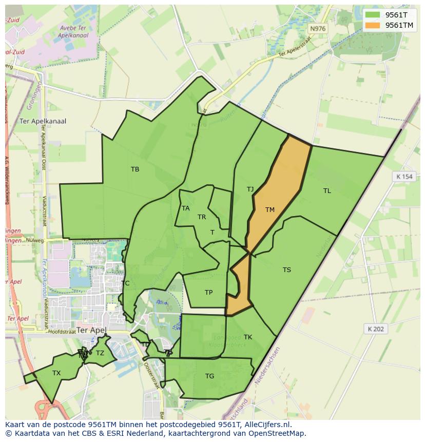 Afbeelding van het postcodegebied 9561 TM op de kaart.