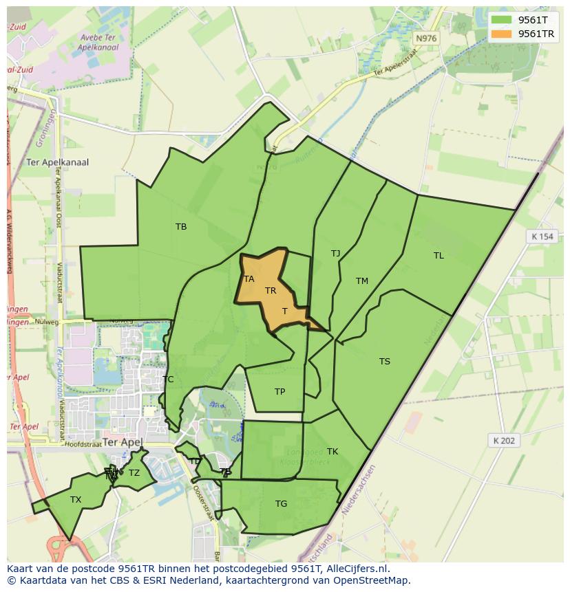 Afbeelding van het postcodegebied 9561 TR op de kaart.