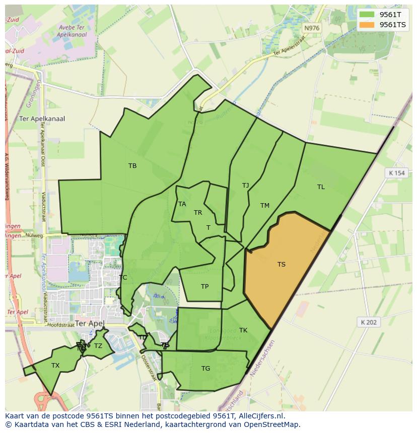 Afbeelding van het postcodegebied 9561 TS op de kaart.