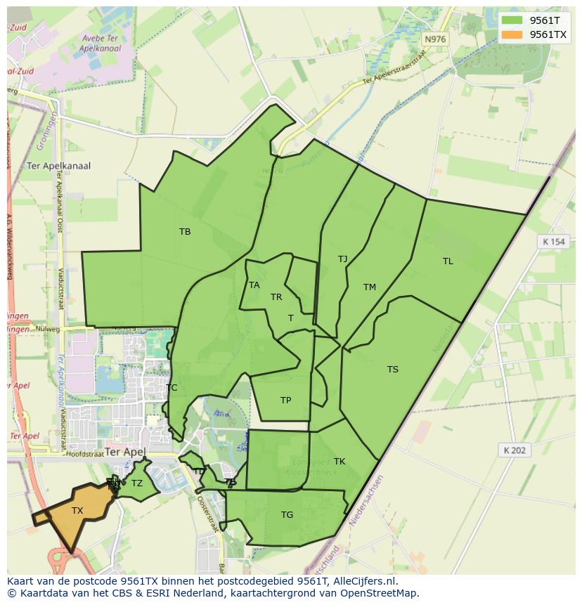 Afbeelding van het postcodegebied 9561 TX op de kaart.