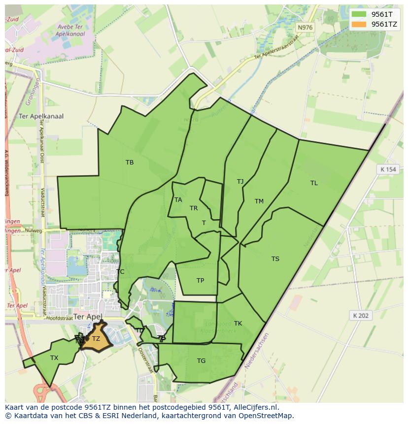 Afbeelding van het postcodegebied 9561 TZ op de kaart.