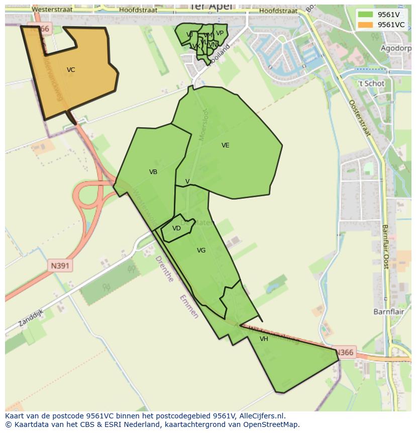 Afbeelding van het postcodegebied 9561 VC op de kaart.
