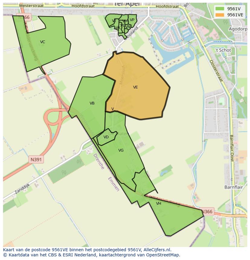 Afbeelding van het postcodegebied 9561 VE op de kaart.