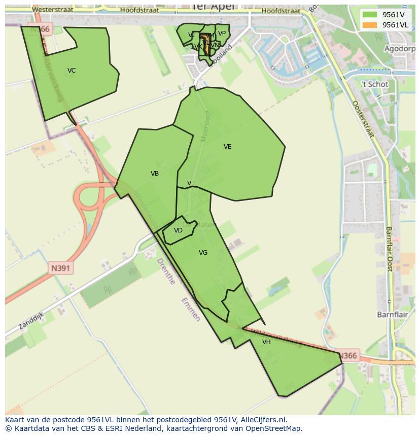 Afbeelding van het postcodegebied 9561 VL op de kaart.