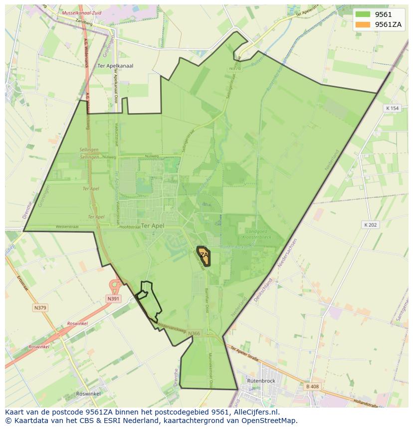 Afbeelding van het postcodegebied 9561 ZA op de kaart.