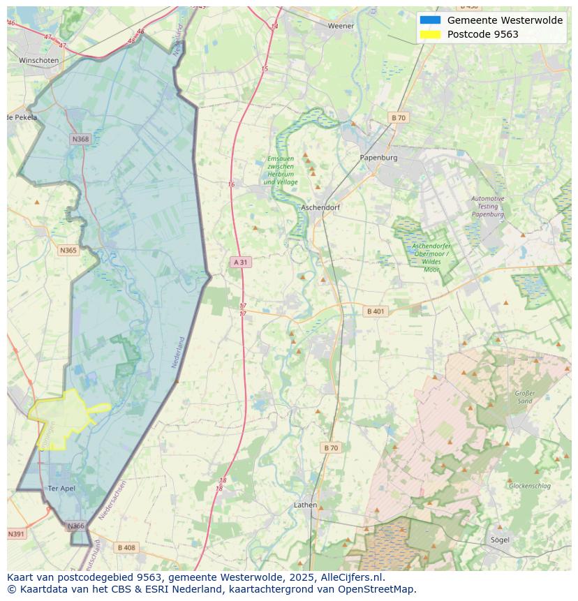 Afbeelding van het postcodegebied 9563 op de kaart.
