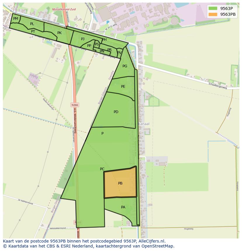 Afbeelding van het postcodegebied 9563 PB op de kaart.