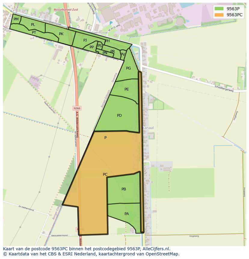 Afbeelding van het postcodegebied 9563 PC op de kaart.