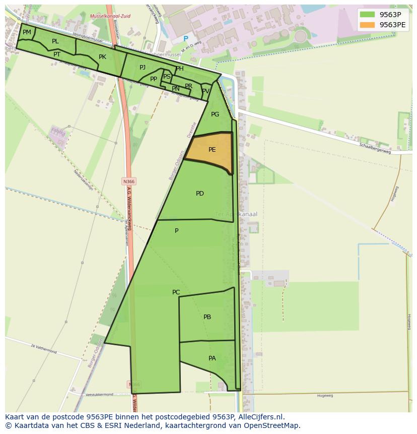 Afbeelding van het postcodegebied 9563 PE op de kaart.