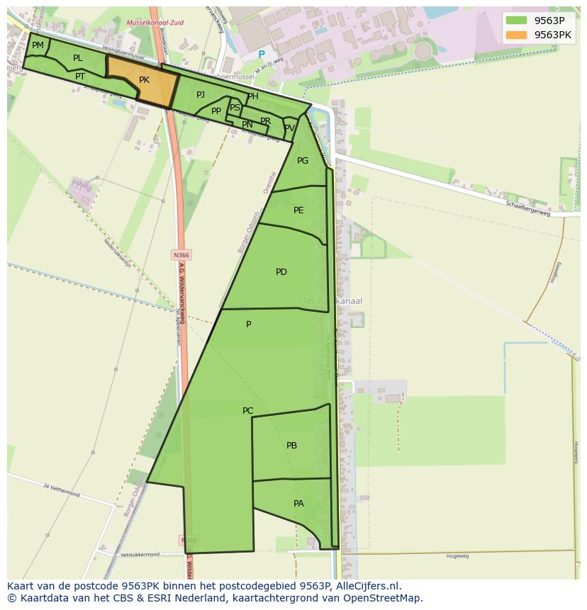 Afbeelding van het postcodegebied 9563 PK op de kaart.
