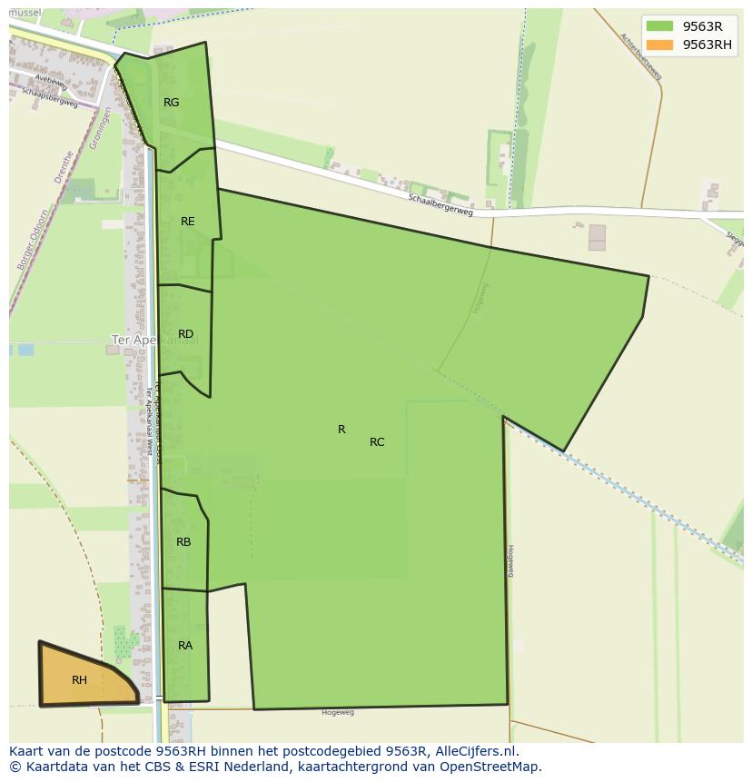 Afbeelding van het postcodegebied 9563 RH op de kaart.