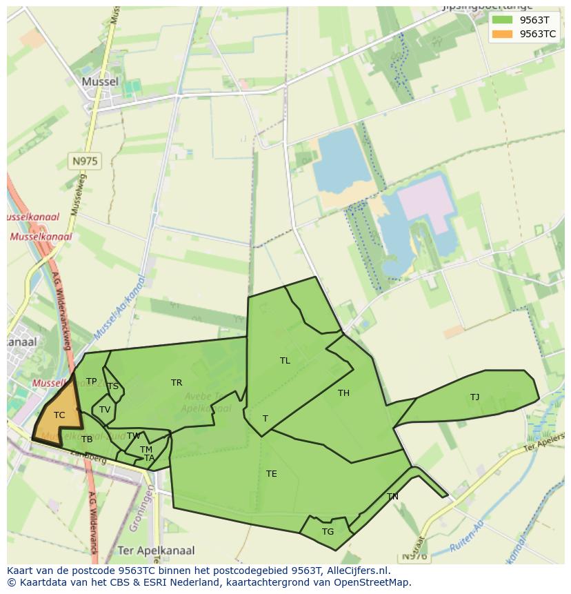 Afbeelding van het postcodegebied 9563 TC op de kaart.