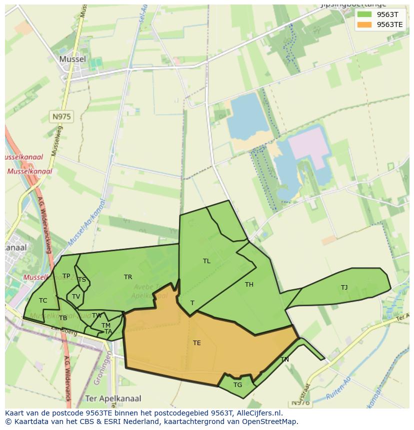 Afbeelding van het postcodegebied 9563 TE op de kaart.