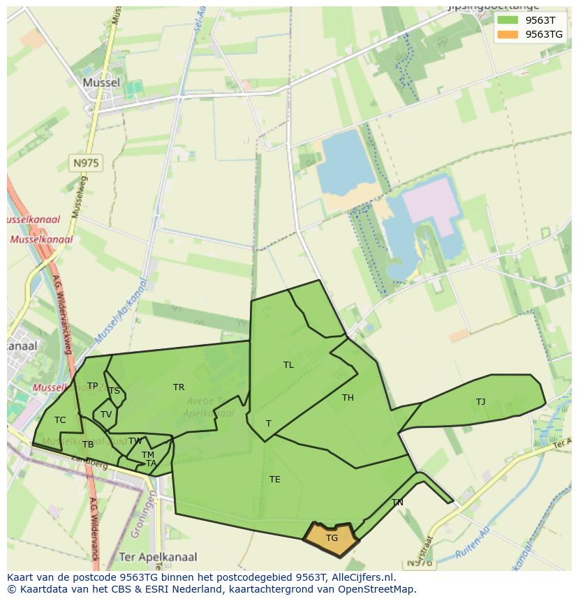 Afbeelding van het postcodegebied 9563 TG op de kaart.