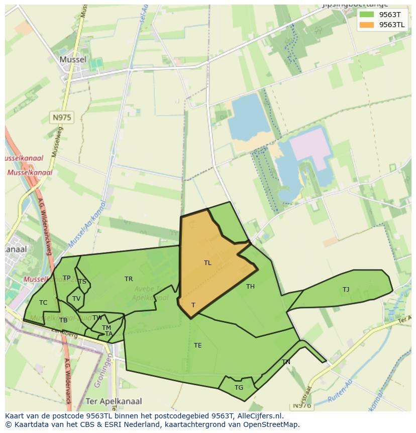 Afbeelding van het postcodegebied 9563 TL op de kaart.