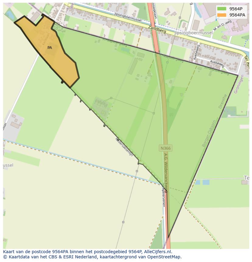 Afbeelding van het postcodegebied 9564 PA op de kaart.