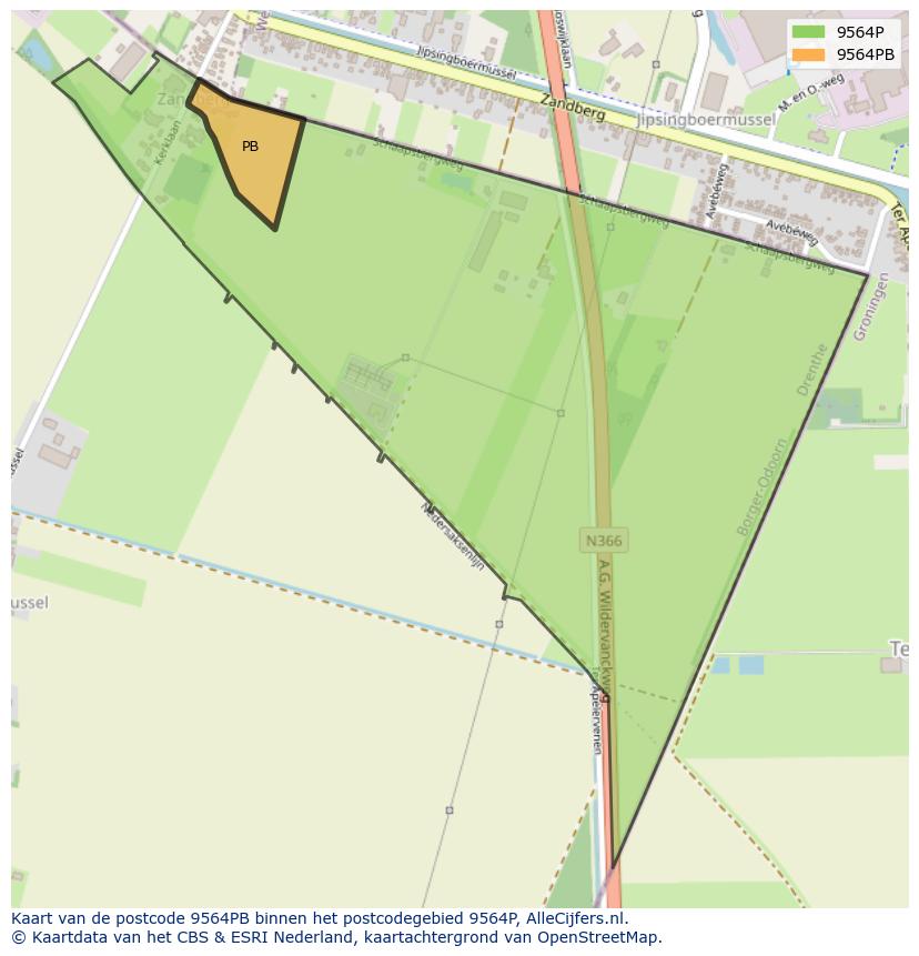 Afbeelding van het postcodegebied 9564 PB op de kaart.