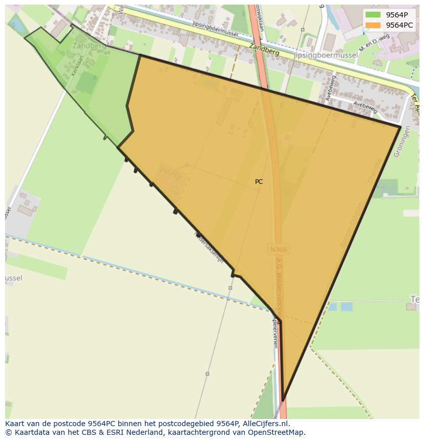 Afbeelding van het postcodegebied 9564 PC op de kaart.