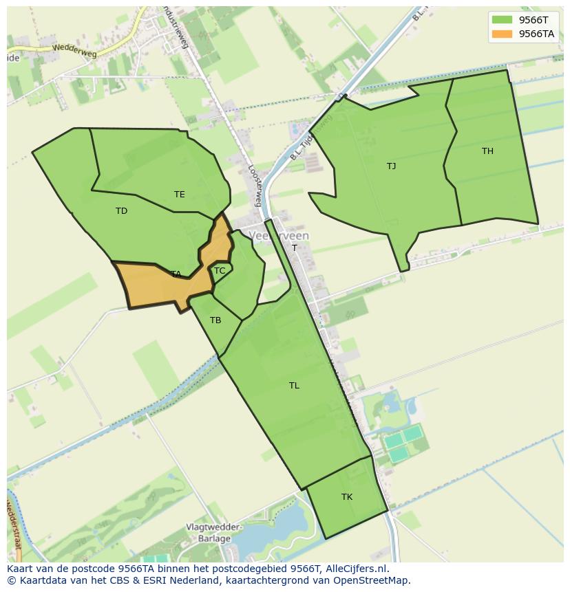 Afbeelding van het postcodegebied 9566 TA op de kaart.