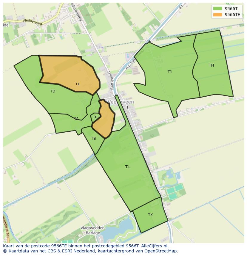 Afbeelding van het postcodegebied 9566 TE op de kaart.