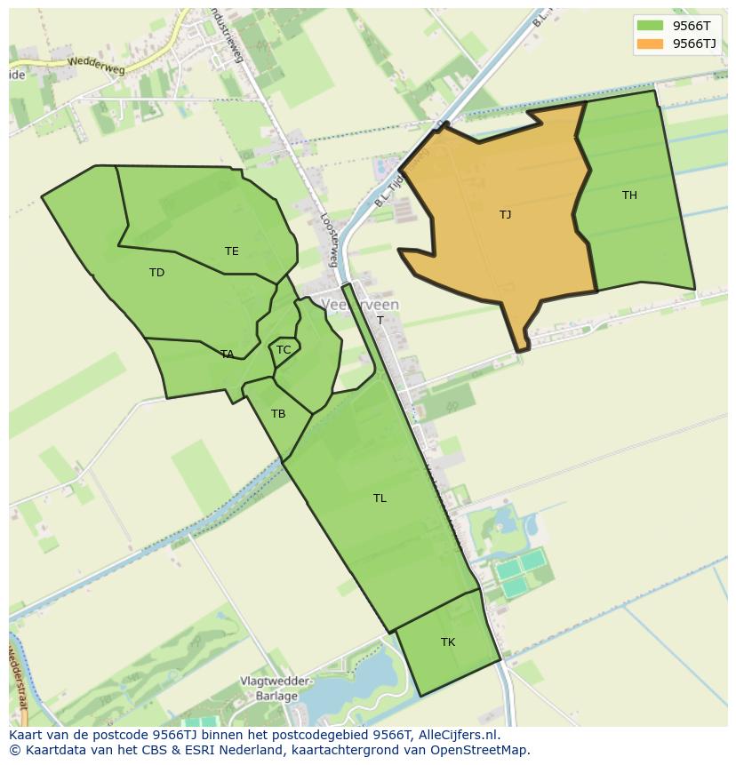 Afbeelding van het postcodegebied 9566 TJ op de kaart.