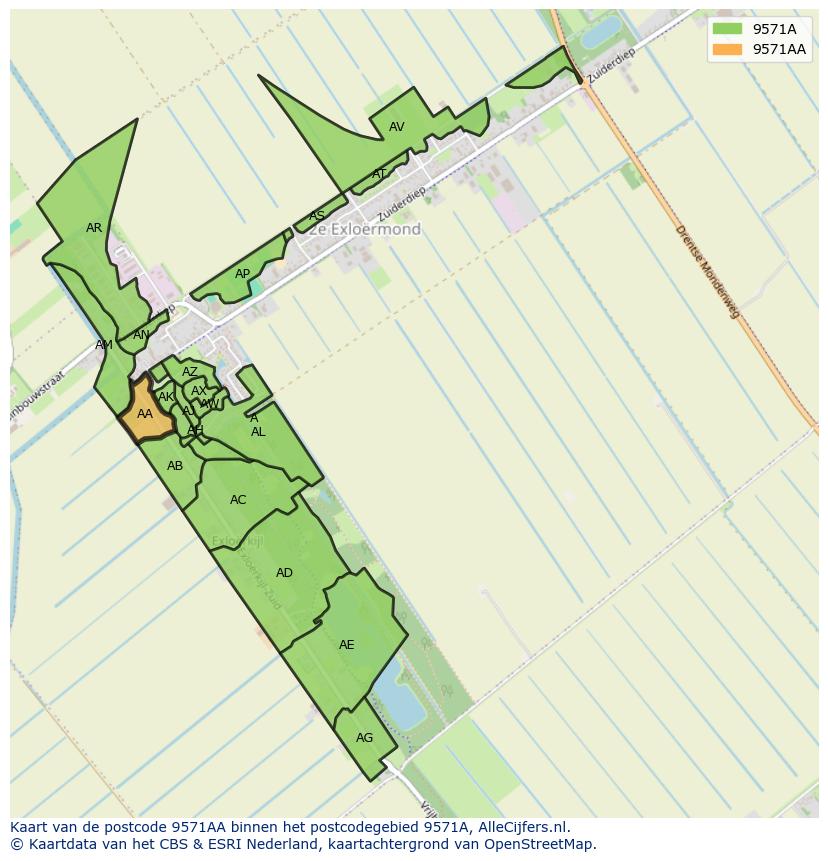 Afbeelding van het postcodegebied 9571 AA op de kaart.