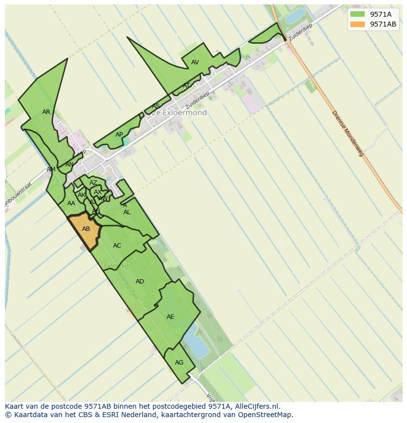 Afbeelding van het postcodegebied 9571 AB op de kaart.