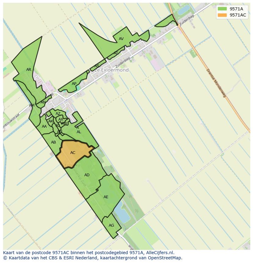 Afbeelding van het postcodegebied 9571 AC op de kaart.