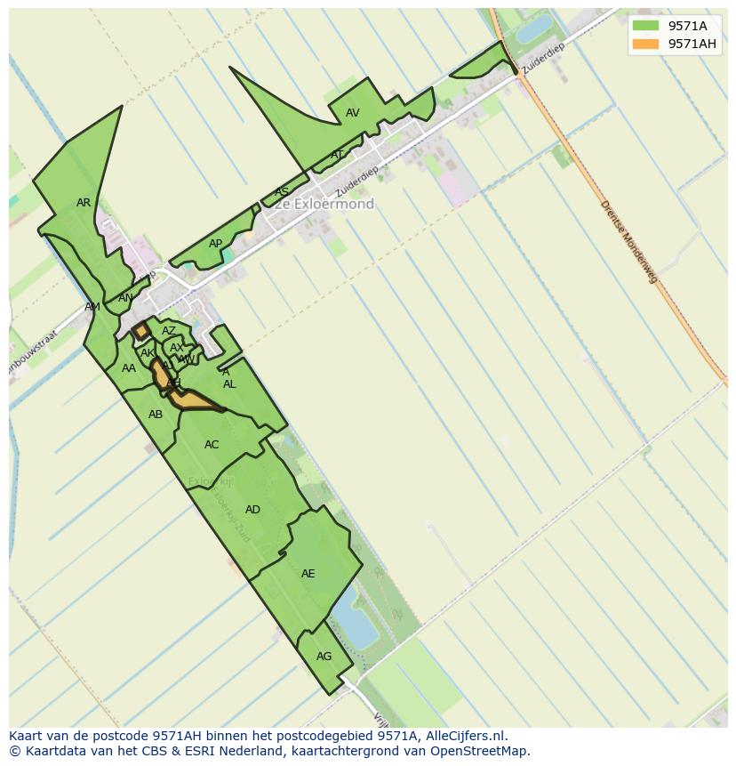 Afbeelding van het postcodegebied 9571 AH op de kaart.