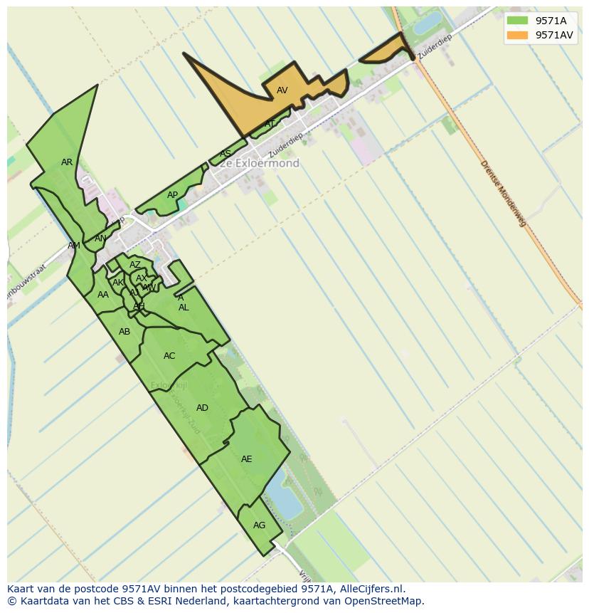 Afbeelding van het postcodegebied 9571 AV op de kaart.