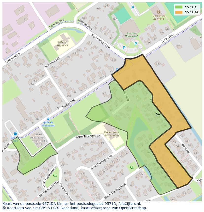 Afbeelding van het postcodegebied 9571 DA op de kaart.