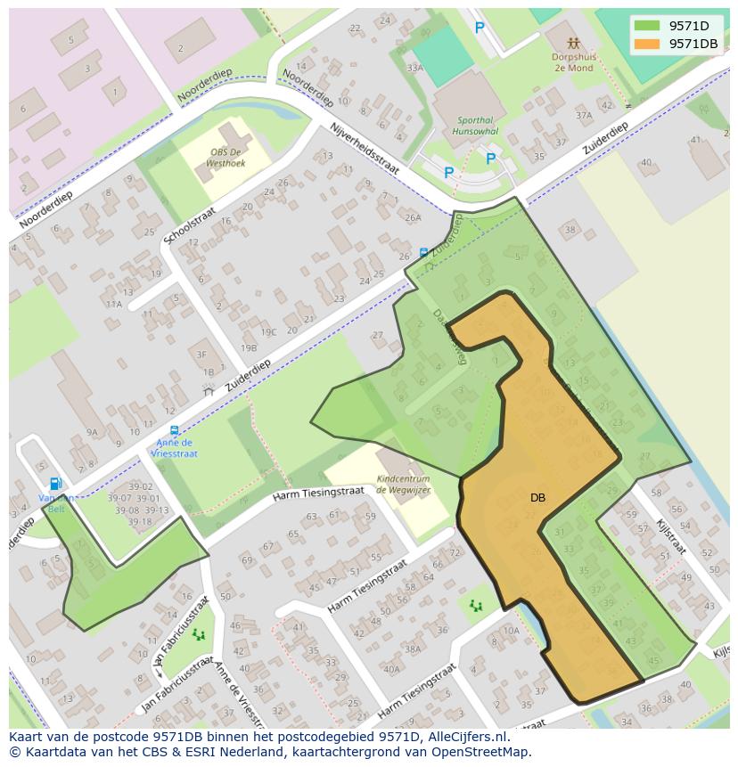 Afbeelding van het postcodegebied 9571 DB op de kaart.