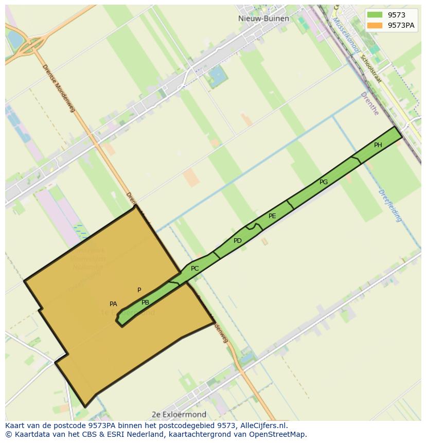 Afbeelding van het postcodegebied 9573 PA op de kaart.