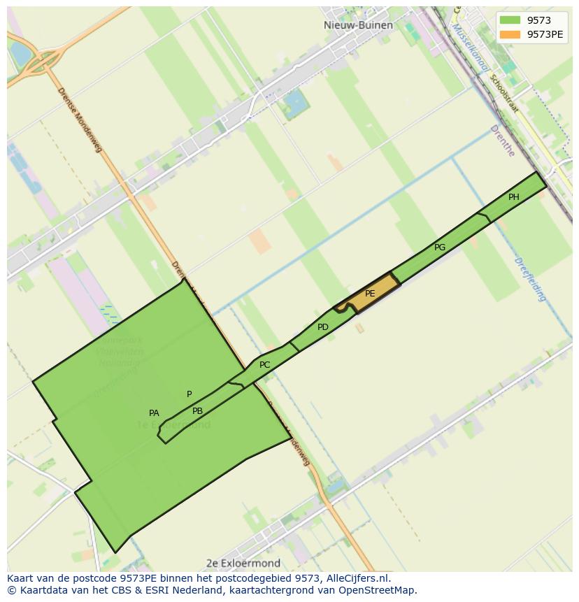 Afbeelding van het postcodegebied 9573 PE op de kaart.