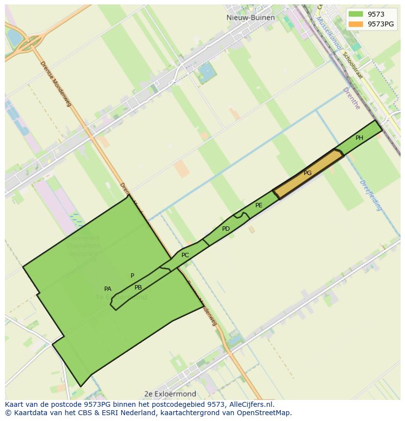 Afbeelding van het postcodegebied 9573 PG op de kaart.