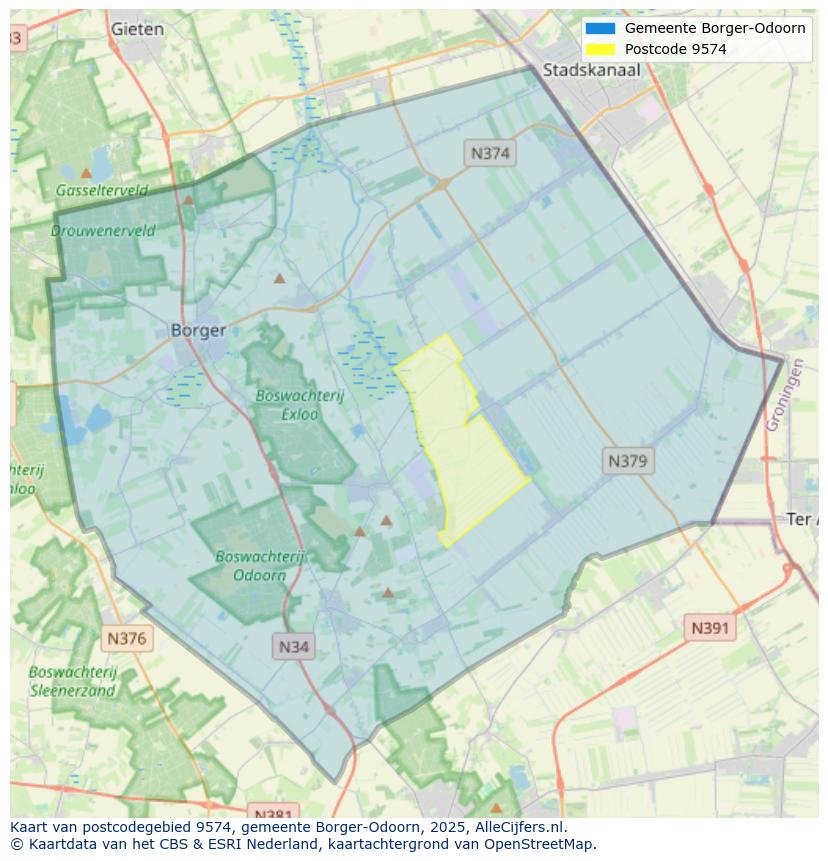Afbeelding van het postcodegebied 9574 op de kaart.