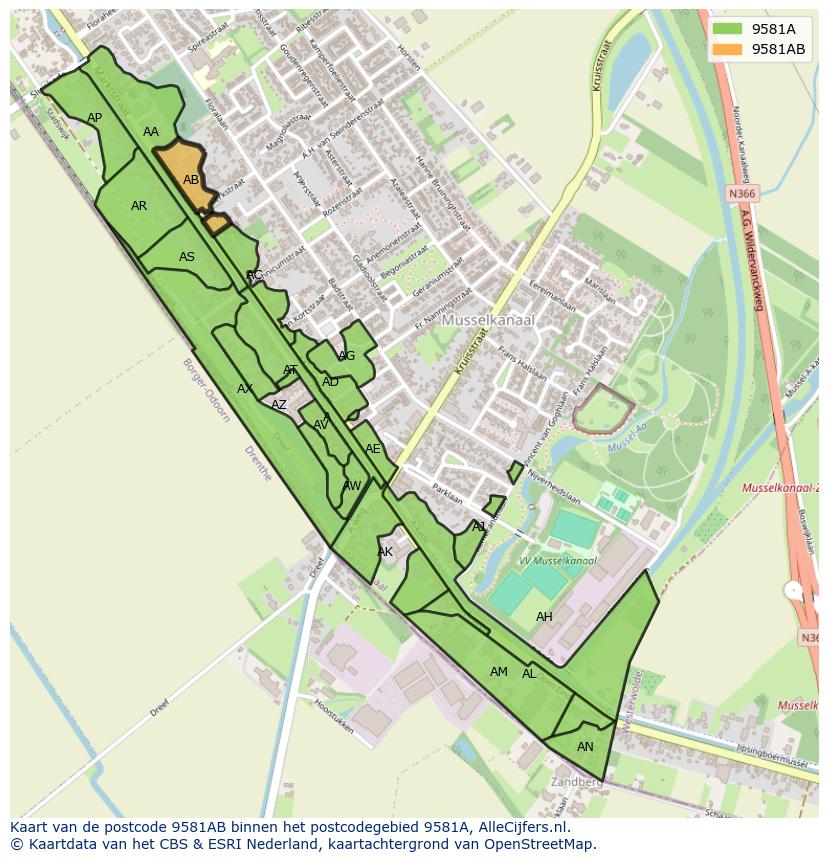 Afbeelding van het postcodegebied 9581 AB op de kaart.