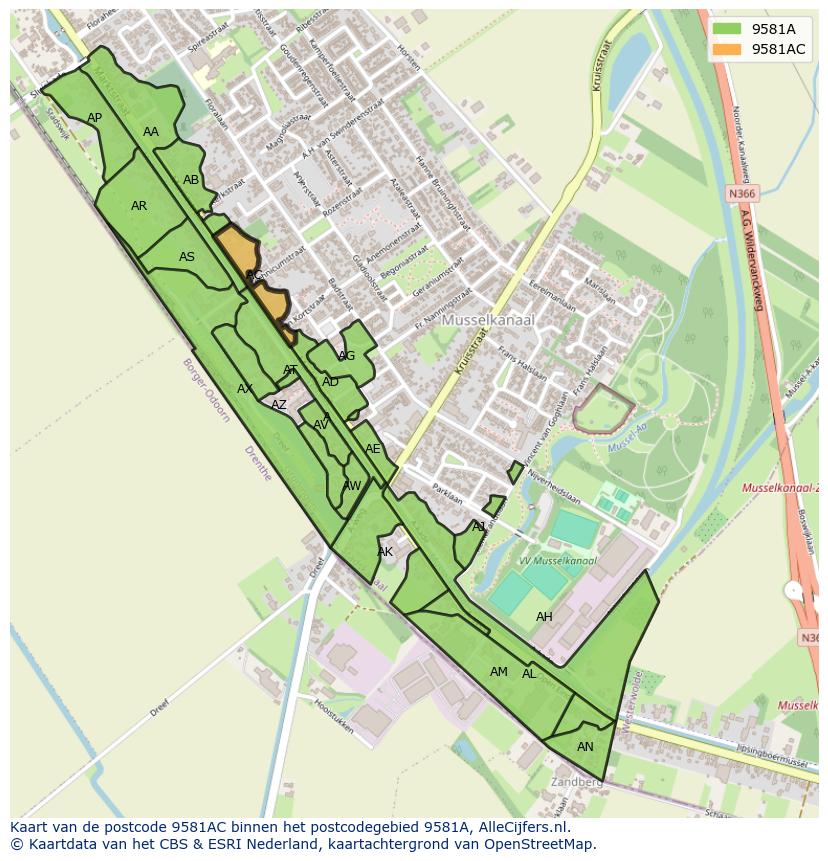 Afbeelding van het postcodegebied 9581 AC op de kaart.