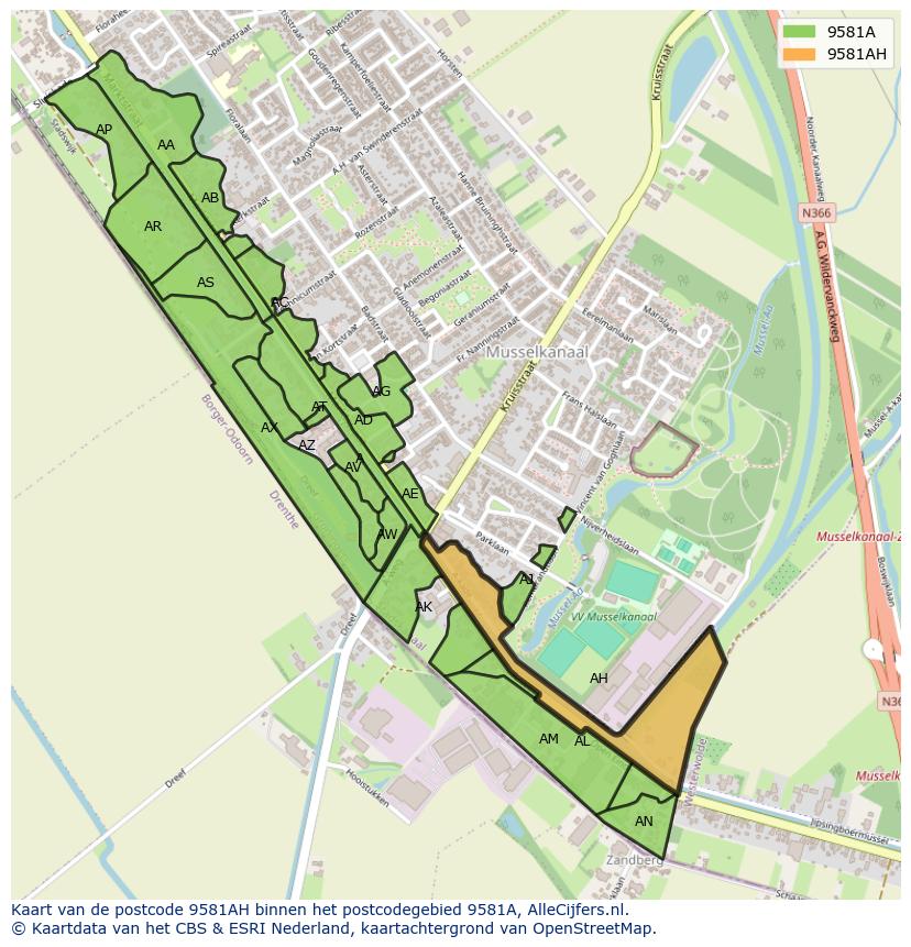 Afbeelding van het postcodegebied 9581 AH op de kaart.