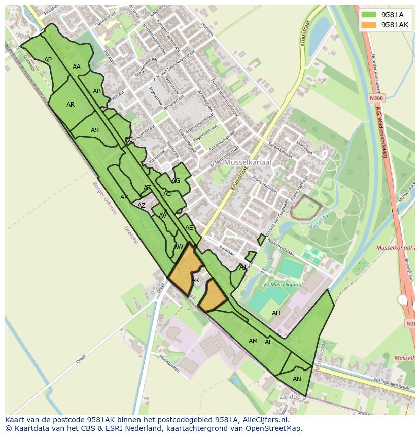 Afbeelding van het postcodegebied 9581 AK op de kaart.