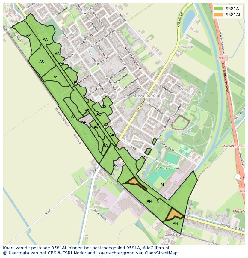 Afbeelding van het postcodegebied 9581 AL op de kaart.