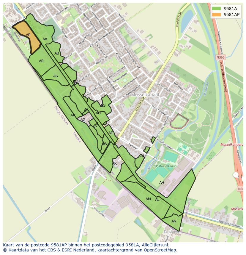 Afbeelding van het postcodegebied 9581 AP op de kaart.
