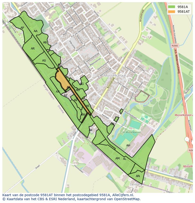 Afbeelding van het postcodegebied 9581 AT op de kaart.