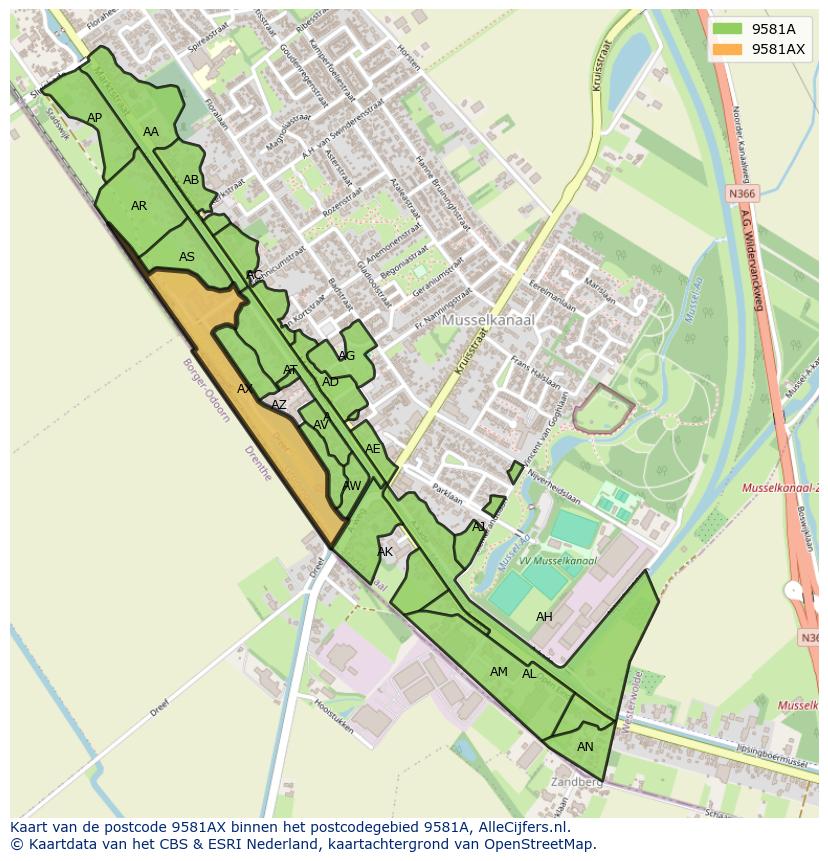 Afbeelding van het postcodegebied 9581 AX op de kaart.