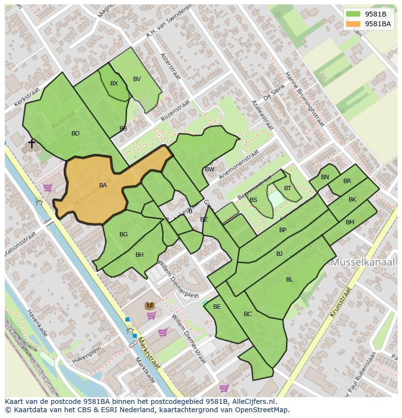 Afbeelding van het postcodegebied 9581 BA op de kaart.