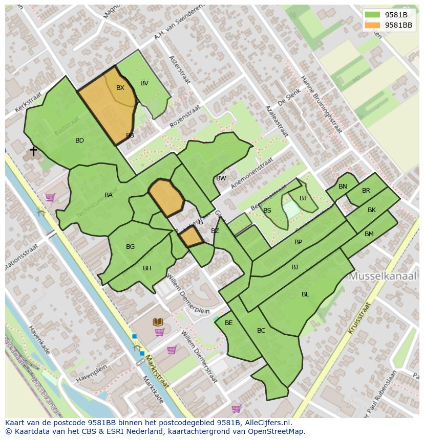 Afbeelding van het postcodegebied 9581 BB op de kaart.