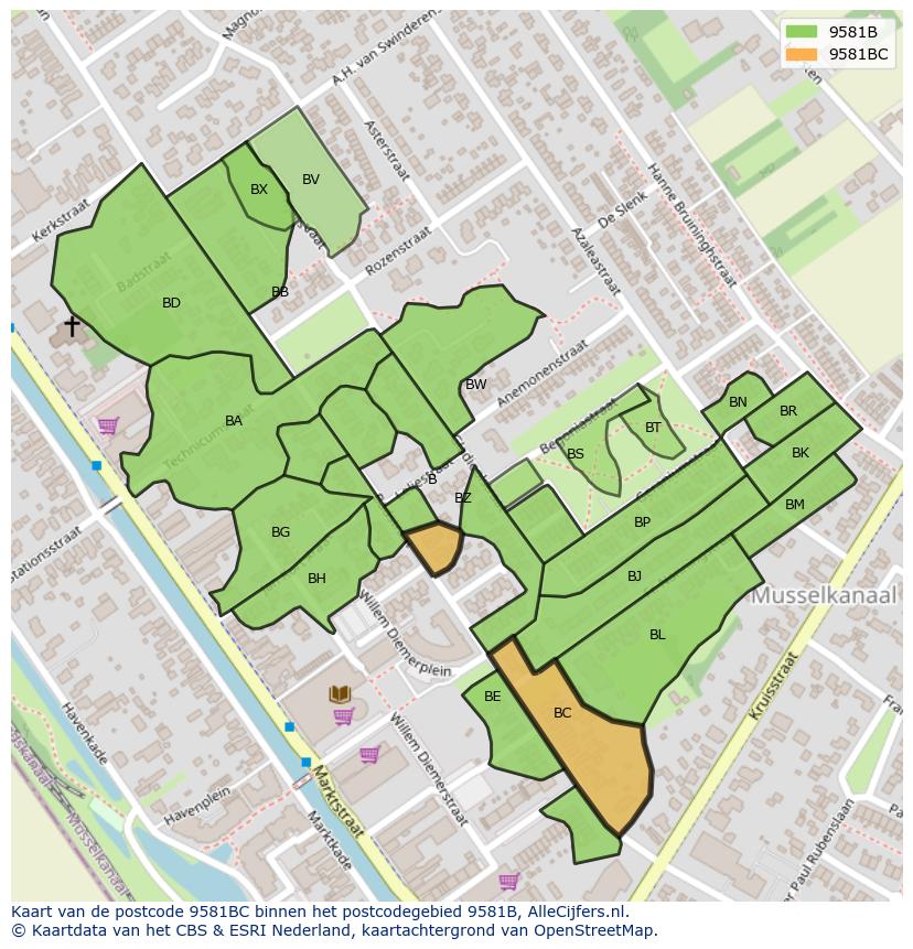 Afbeelding van het postcodegebied 9581 BC op de kaart.