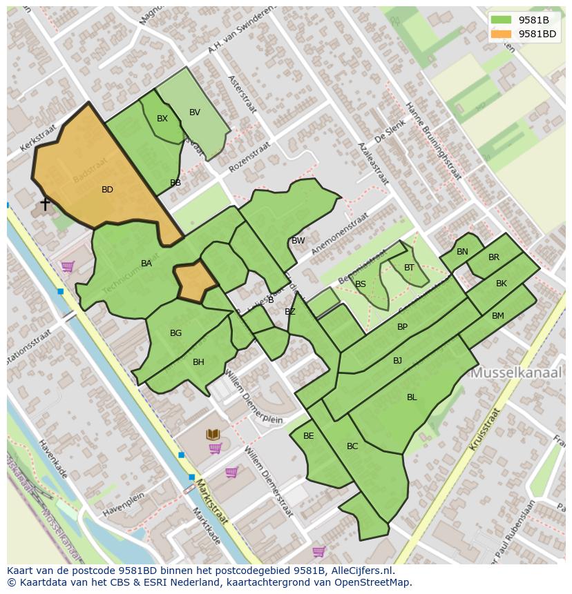 Afbeelding van het postcodegebied 9581 BD op de kaart.