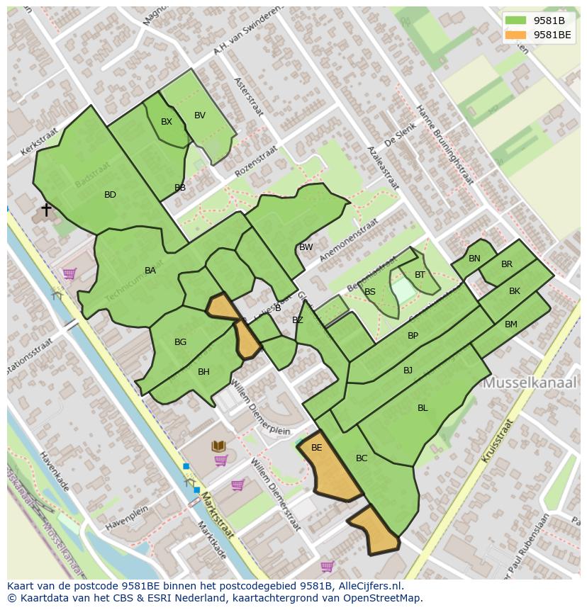Afbeelding van het postcodegebied 9581 BE op de kaart.