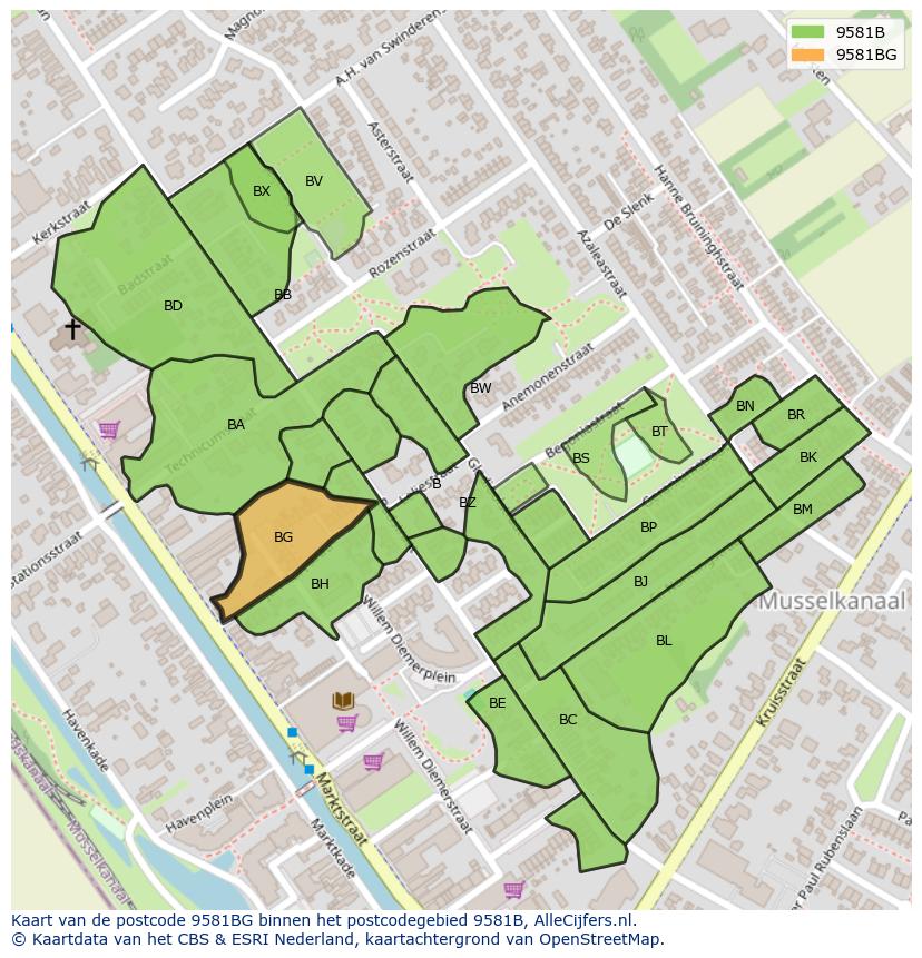Afbeelding van het postcodegebied 9581 BG op de kaart.